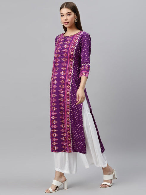Women Purple & Pink Pure Cotton Screen Printed Straight Kurta